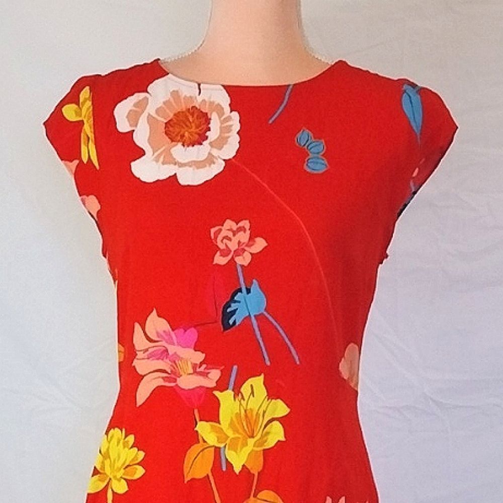 LOFT Orange Red Lily Floral Cap Sleeve Side Slit Midi Dress SMALL - Picture 5 of 16